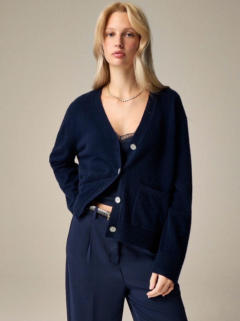 NWT J. Crew Cashmere Sz M Navy Blue Patch-Pocket Cardigan Buttondown Oversized
